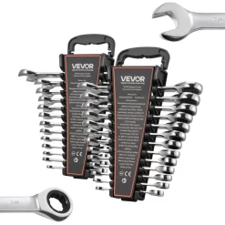 VEVOR Combination Wrench Set, 26-Piece SAE and Metric, 72 Teeth, Cr-V Steel Ratcheting Wrench Set, with Rack Organizer, Open End, Clear Size Labels, for General Household, Automotive Repairs, Silver