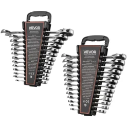 VEVOR Combination Wrench Set, 26-Piece SAE and Metric, 72 Teeth, Cr-V Steel Ratcheting Wrench Set, with Rack Organizer, Open End, Clear Size Labels, for General Household, Automotive Repairs, Silver