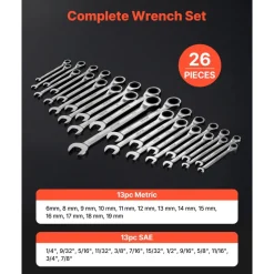 VEVOR Combination Wrench Set, 26-Piece SAE and Metric, 72 Teeth, Cr-V Steel Ratcheting Wrench Set, with Rack Organizer, Open End, Clear Size Labels, for General Household, Automotive Repairs, Silver