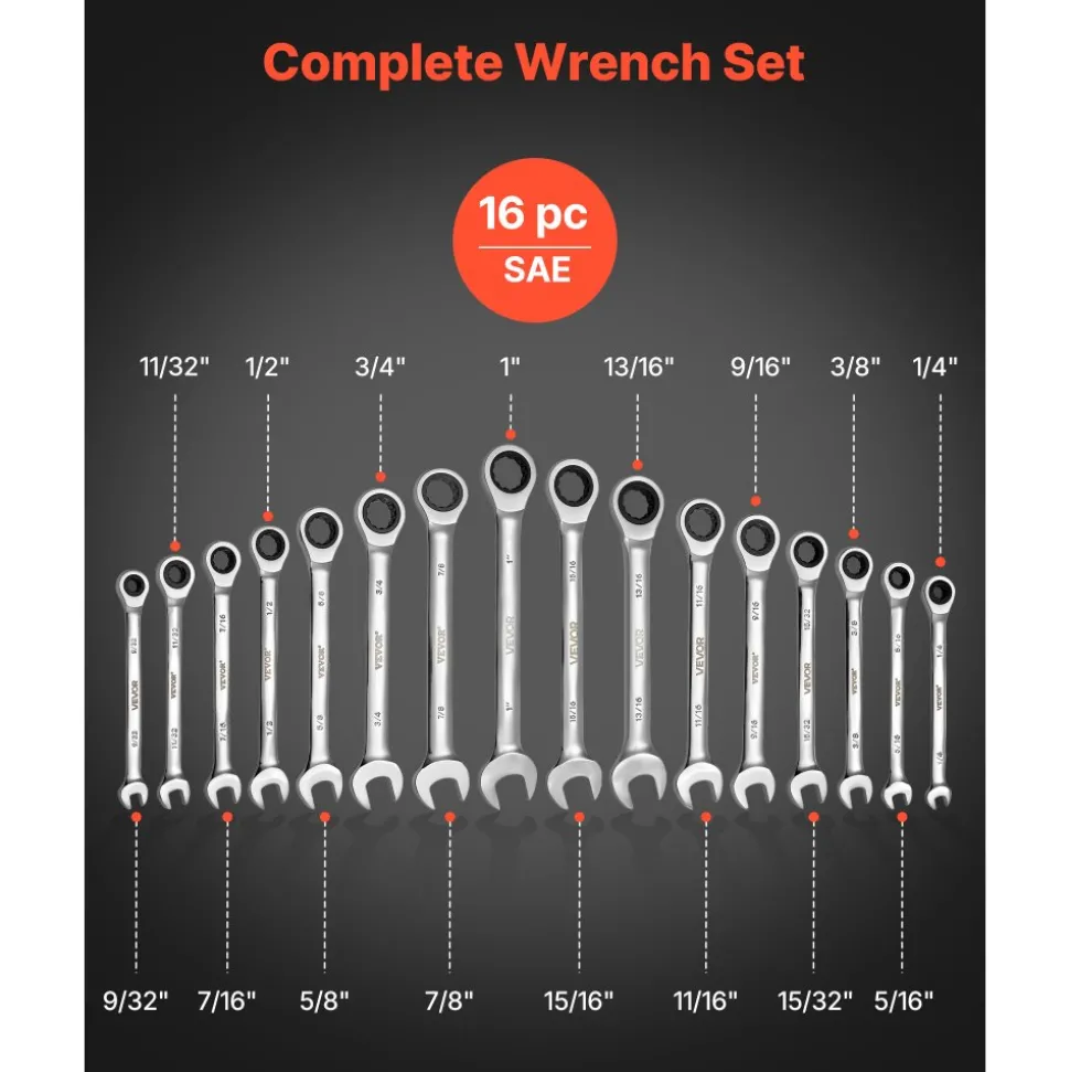 VEVOR Combination Wrench Set, 16-Piece SAE Sizes, 72 Teeth, Cr-V Steel Ratcheting Wrench Set, with Roll Up Pouch, Open End, Clear Size Labels, for General Household and Automotive Repairs, Silver