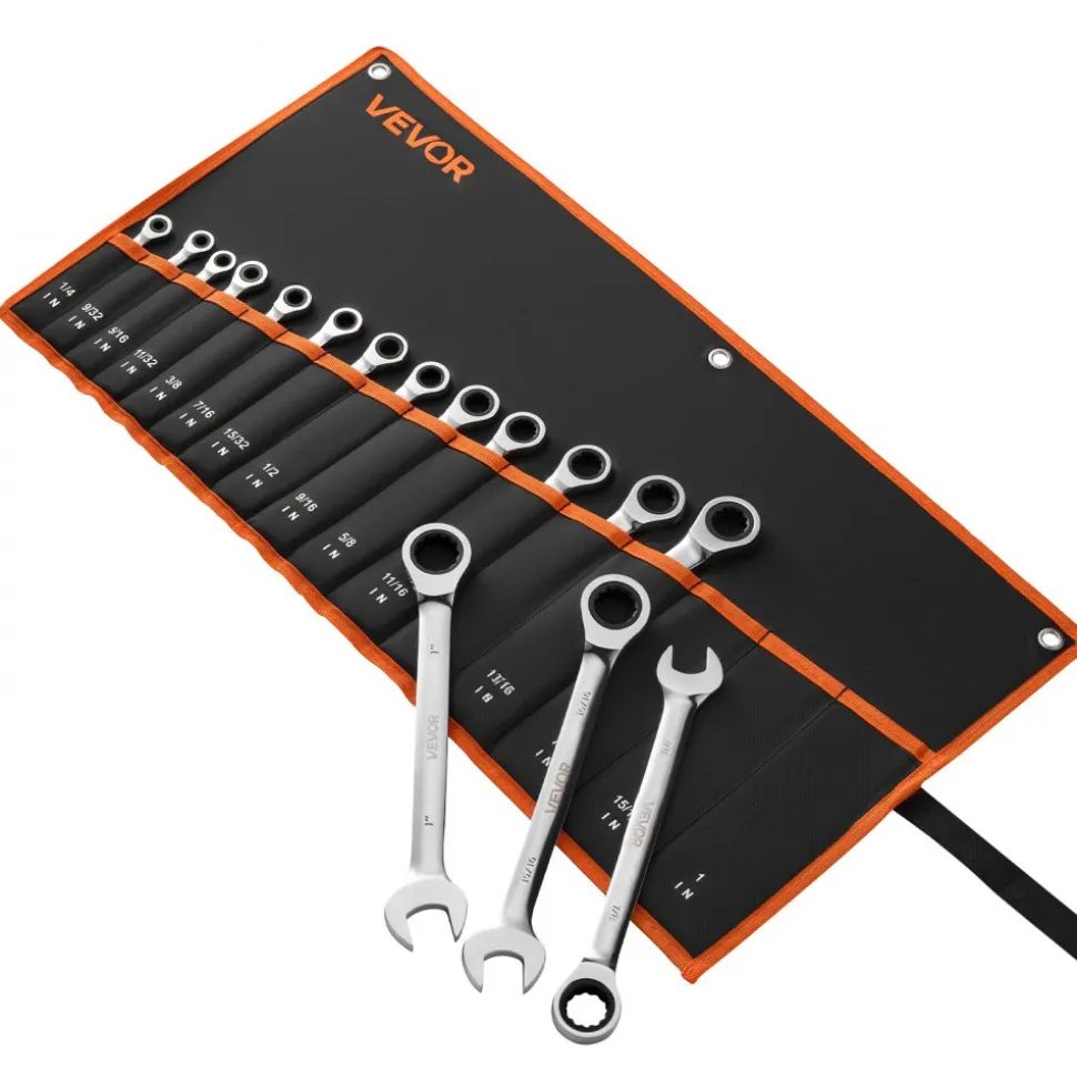 VEVOR Combination Wrench Set, 16-Piece SAE Sizes, 72 Teeth, Cr-V Steel Ratcheting Wrench Set, with Roll Up Pouch, Open End, Clear Size Labels, for General Household and Automotive Repairs, Silver