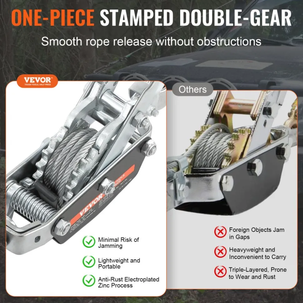 VEVOR Come Along Winch, 5 Ton (11,023 lbs) Pulling Capacity, 11.5 ft Steel Cable, 3 Hooks, Heavy Duty Ratchet Power Puller Tool with Dual Gears, Automotive Hoist Cable Puller Ideal for Vehicle Rescue