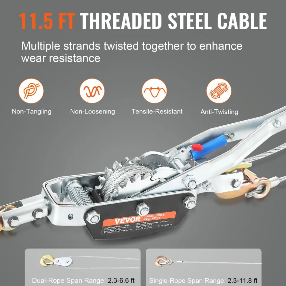 VEVOR Come Along Winch, 5 Ton (11,023 lbs) Pulling Capacity, 11.5 ft Steel Cable, 3 Hooks, Heavy Duty Ratchet Power Puller Tool with Dual Gears, Automotive Hoist Cable Puller Ideal for Vehicle Rescue