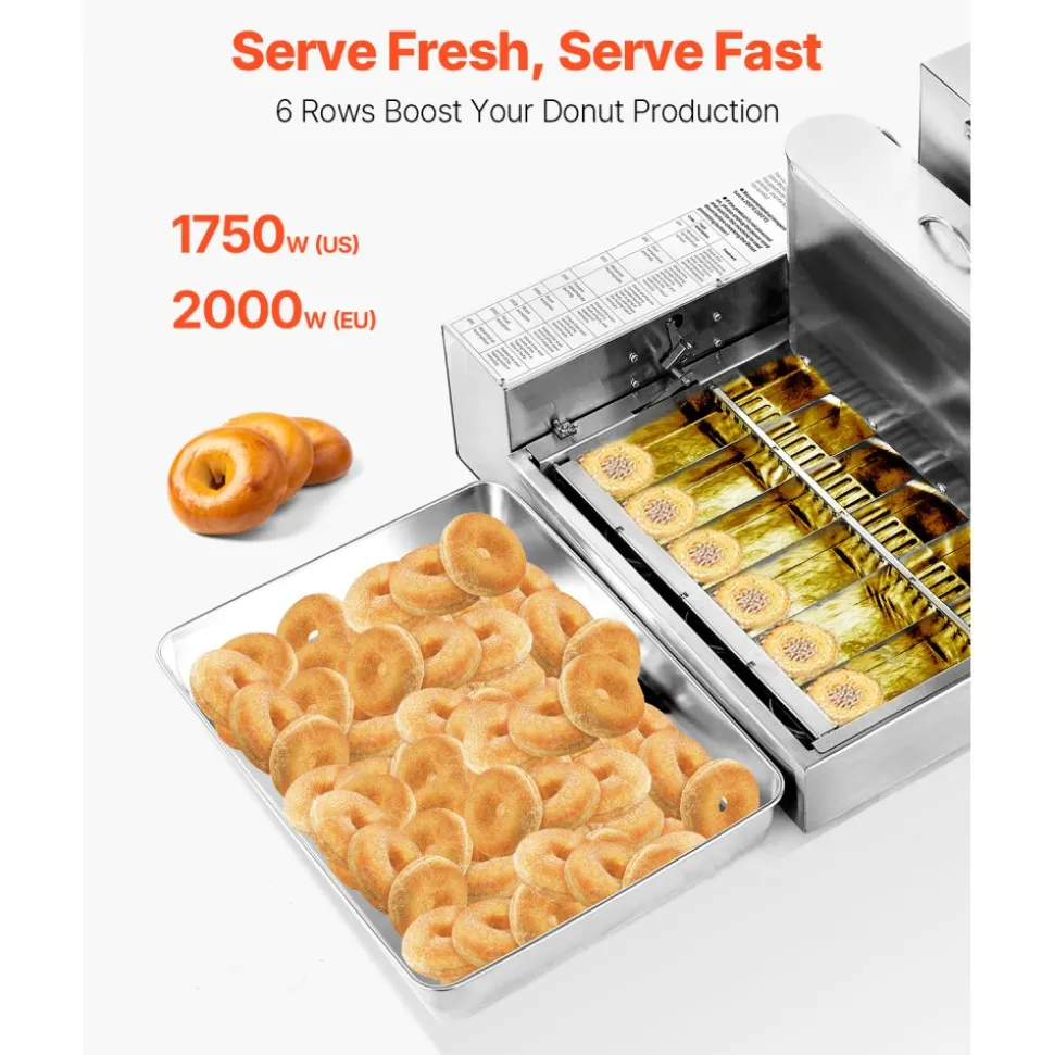 VEVOR Commercial Automatic Donuts Machine, 6 Rows Donuts Making Equipment, 360 pcs/hour Electric High Power Doughnut Maker, Stainless Steel Frying Auto Fryer, with Intelligent Control