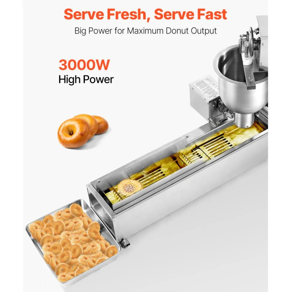 VEVOR Commercial Automatic Donuts Machine, Single Row Donuts Making Equipment, 90 pcs/hour Electric High Power Doughnut Maker, Stainless Steel Frying Auto Fryer, with 3 Size Molds, Auto Counting