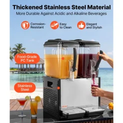 VEVOR Commercial Beverage Dispenser 2 Tanks 12 L / 12.7 QT Per Tank, Stainless Steel Juice Dispenser, Ice Tea Drink Machine with 45℉ to 54℉ Cooling Temperature, for Cold Drink Restaurant Bar Party