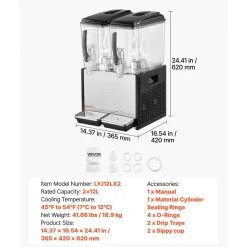 VEVOR Commercial Beverage Dispenser 2 Tanks 12 L / 12.7 QT Per Tank, Stainless Steel Juice Dispenser, Ice Tea Drink Machine with 45℉ to 54℉ Cooling Temperature, for Cold Drink Restaurant Bar Party