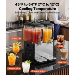VEVOR Commercial Beverage Dispenser 2 Tanks 12 L / 12.7 QT Per Tank, Stainless Steel Juice Dispenser, Ice Tea Drink Machine with 45℉ to 54℉ Cooling Temperature, for Cold Drink Restaurant Bar Party