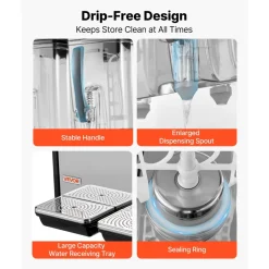 VEVOR Commercial Beverage Dispenser 2 Tanks 12 L / 12.7 QT Per Tank, Stainless Steel Juice Dispenser, Ice Tea Drink Machine with 45℉ to 54℉ Cooling Temperature, for Cold Drink Restaurant Bar Party