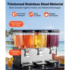 VEVOR Commercial Beverage Dispenser, 3 Tanks 12 L / 12.7 QT Per Tank Juice Dispenser, 370W Stainless Steel Ice Tea Drink Machine with 45°F-54°F Cooling Temperature, for Cold Drink Restaurant Bar Party