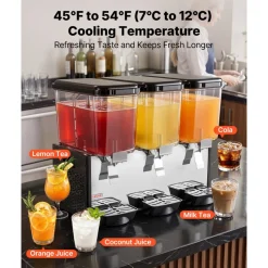 VEVOR Commercial Beverage Dispenser, 3 Tanks 12 L / 12.7 QT Per Tank Juice Dispenser, 370W Stainless Steel Ice Tea Drink Machine with 45°F-54°F Cooling Temperature, for Cold Drink Restaurant Bar Party