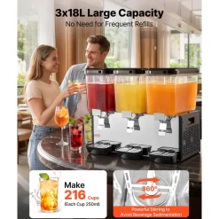 VEVOR Commercial Beverage Dispenser, 3 Tanks 12 L / 12.7 QT Per Tank Juice Dispenser, 370W Stainless Steel Ice Tea Drink Machine with 45°F-54°F Cooling Temperature, for Cold Drink Restaurant Bar Party