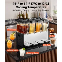 VEVOR Commercial Beverage Dispenser 4 Tanks 12 L / 12.7 QT Per Tank, Stainless Steel Juice Dispenser, Ice Tea Drink Machine with 45℉ to 54℉ Cooling Temperature, for Cold Drink Restaurant Bar Party