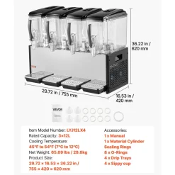 VEVOR Commercial Beverage Dispenser 4 Tanks 12 L / 12.7 QT Per Tank, Stainless Steel Juice Dispenser, Ice Tea Drink Machine with 45℉ to 54℉ Cooling Temperature, for Cold Drink Restaurant Bar Party