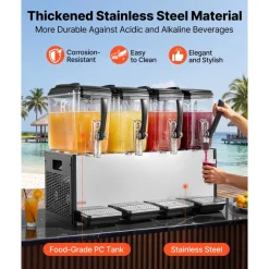 VEVOR Commercial Beverage Dispenser 4 Tanks 12 L / 12.7 QT Per Tank, Stainless Steel Juice Dispenser, Ice Tea Drink Machine with 45℉ to 54℉ Cooling Temperature, for Cold Drink Restaurant Bar Party