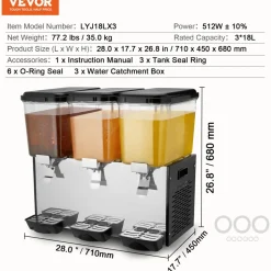 VEVOR Commercial Beverage Dispenser, 3 Tanks 18 L / 19 QT Per Tank Juice Dispenser, 512W Stainless Steel Ice Tea Drink Machine with 45°F-54°F Cooling Temperature, for Cold Drink Restaurant Bar Party
