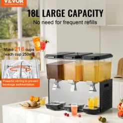 VEVOR Commercial Beverage Dispenser, 3 Tanks 18 L / 19 QT Per Tank Juice Dispenser, 512W Stainless Steel Ice Tea Drink Machine with 45°F-54°F Cooling Temperature, for Cold Drink Restaurant Bar Party