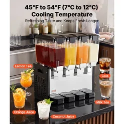 VEVOR Commercial Beverage Dispenser 4 Tanks 10 L / 10.6 QT Per Tank, Stainless Steel Juice Dispenser, Ice Tea Drink Machine with 45℉ to 54℉ Cooling Temperature, for Cold Drink Restaurant Bar Party