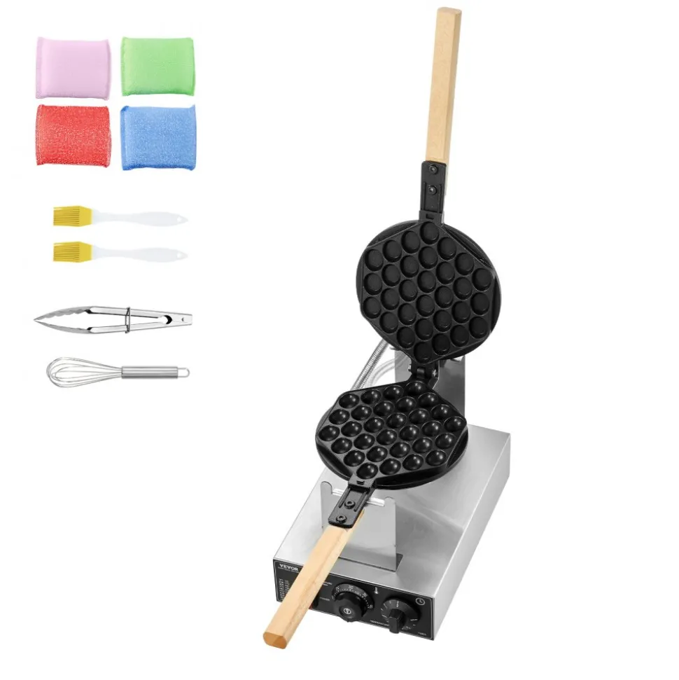 VEVOR Commercial Bubble Waffle Maker, 1400W Egg Pancake Baker Machine, Non-Stick Stainless Steel Egg Bubble Puff, 180° Rotatable, Temp and Time Control, Wooden Handle, for Restaurant Bakery Snack Bar