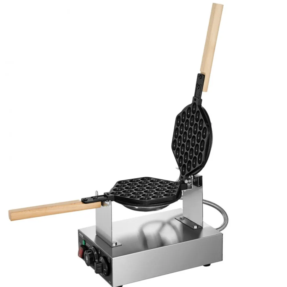 VEVOR Commercial Bubble Waffle Maker, 1400W Egg Pancake Baker Machine, Non-Stick Stainless Steel Egg Bubble Puff, 180° Rotatable, Temp and Time Control, Wooden Handle, for Restaurant Bakery Snack Bar