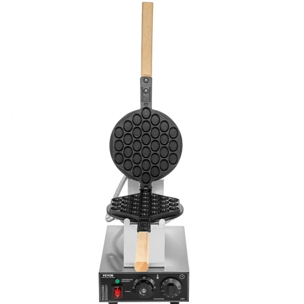 VEVOR Commercial Bubble Waffle Maker, 1400W Egg Pancake Baker Machine, Non-Stick Stainless Steel Egg Bubble Puff, 180° Rotatable, Temp and Time Control, Wooden Handle, for Restaurant Bakery Snack Bar