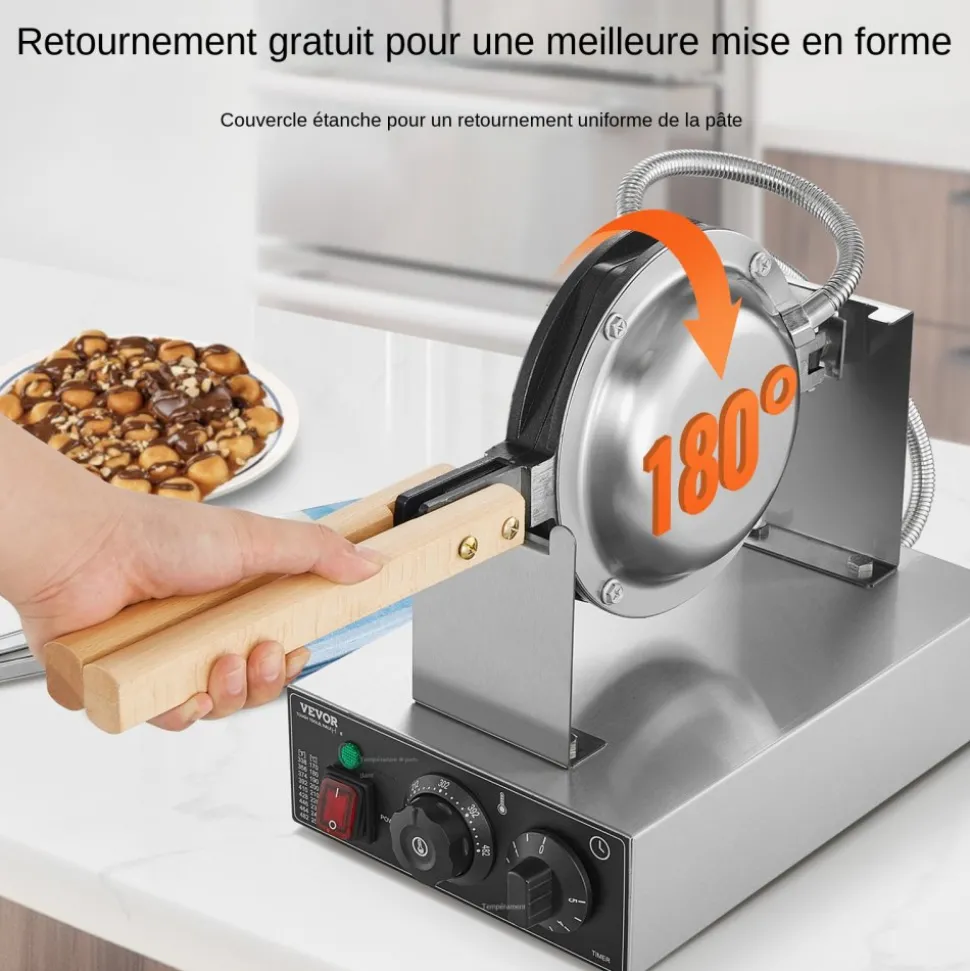VEVOR Commercial Bubble Waffle Maker, 1400W Egg Pancake Baker Machine, Non-Stick Stainless Steel Egg Bubble Puff, 180° Rotatable, Temp and Time Control, Wooden Handle, for Restaurant Bakery Snack Bar