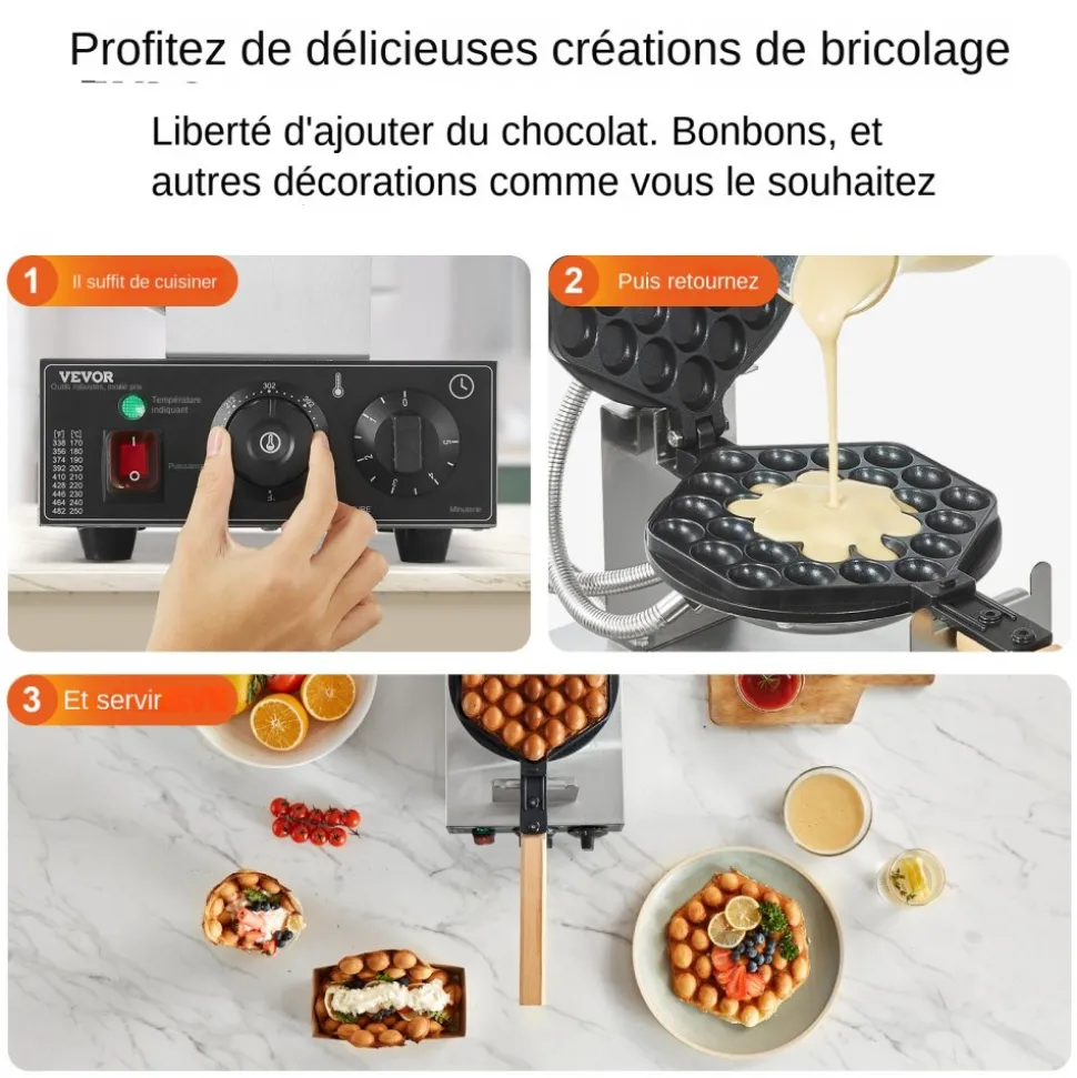 VEVOR Commercial Bubble Waffle Maker, 1400W Egg Pancake Baker Machine, Non-Stick Stainless Steel Egg Bubble Puff, 180° Rotatable, Temp and Time Control, Wooden Handle, for Restaurant Bakery Snack Bar