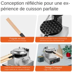 VEVOR Commercial Bubble Waffle Maker, 1400W Egg Pancake Baker Machine, Non-Stick Stainless Steel Egg Bubble Puff, 180° Rotatable, Temp and Time Control, Wooden Handle, for Restaurant Bakery Snack Bar