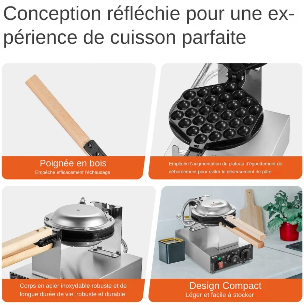VEVOR Commercial Bubble Waffle Maker, 1400W Egg Pancake Baker Machine, Non-Stick Stainless Steel Egg Bubble Puff, 180° Rotatable, Temp and Time Control, Wooden Handle, for Restaurant Bakery Snack Bar
