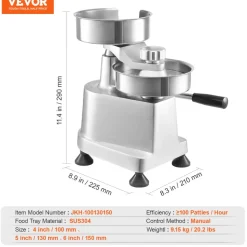 VEVOR Commercial Burger Patty Maker, Hamburger Beef Patty Maker with 3 Convertible Mold(4/5/6-inch), Heavy Duty Stainless Steel Burger Press Machine, Meat Forming Processor with 1500 Pcs Patty Papers
