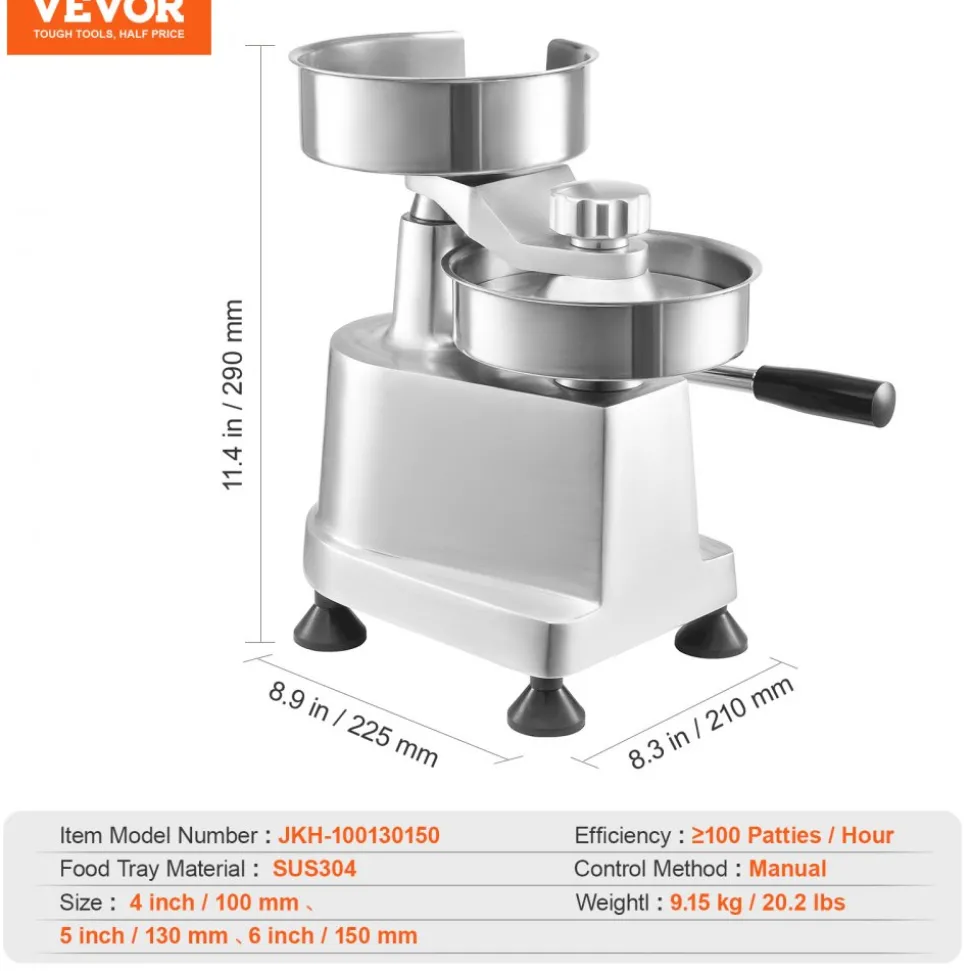 VEVOR Commercial Burger Patty Maker, Hamburger Beef Patty Maker with 3 Convertible Mold(4/5/6-inch), Heavy Duty Stainless Steel Burger Press Machine, Meat Forming Processor with 1500 Pcs Patty Papers