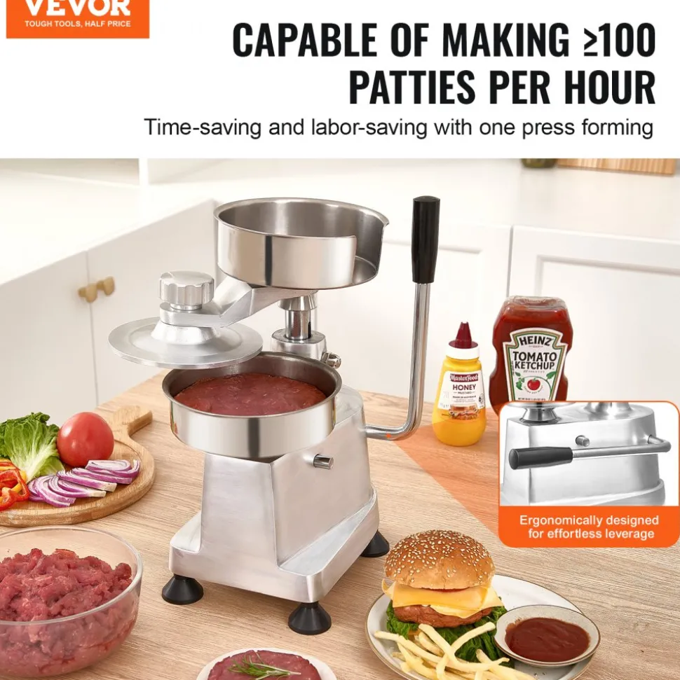 VEVOR Commercial Burger Patty Maker, Hamburger Beef Patty Maker with 3 Convertible Mold(4/5/6-inch), Heavy Duty Stainless Steel Burger Press Machine, Meat Forming Processor with 1500 Pcs Patty Papers