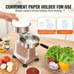 VEVOR Commercial Burger Patty Maker, Hamburger Beef Patty Maker with 3 Convertible Mold(4/5/6-inch), Heavy Duty Stainless Steel Burger Press Machine, Meat Forming Processor with 1500 Pcs Patty Papers