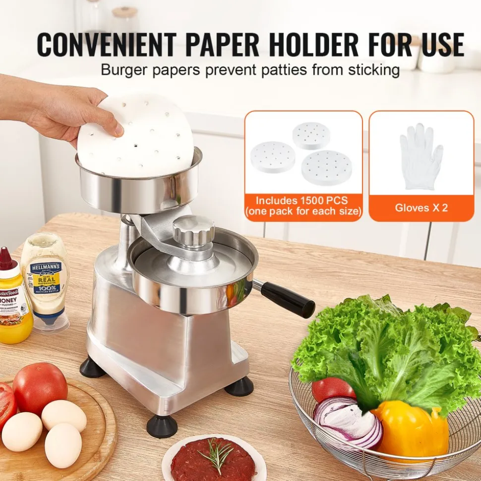 VEVOR Commercial Burger Patty Maker, Hamburger Beef Patty Maker with 3 Convertible Mold(4/5/6-inch), Heavy Duty Stainless Steel Burger Press Machine, Meat Forming Processor with 1500 Pcs Patty Papers