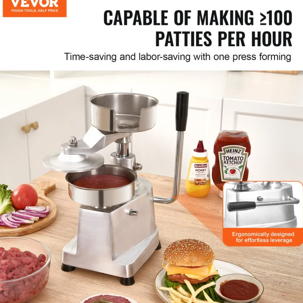 VEVOR Commercial Burger Patty Maker, 130mm/5inch Hamburger Beef Patty Maker, Heavy Duty Food-Grade Stainless Steel Bowl Burger Press Machine, Kitchen Meat Forming Processor with 1000 Pcs Patty Papers