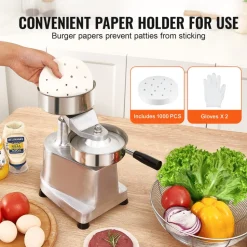VEVOR Commercial Burger Patty Maker, 130mm/5inch Hamburger Beef Patty Maker, Heavy Duty Food-Grade Stainless Steel Bowl Burger Press Machine, Kitchen Meat Forming Processor with 1000 Pcs Patty Papers