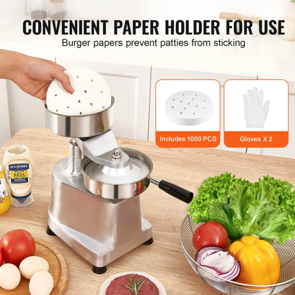 VEVOR Commercial Burger Patty Maker, 130mm/5inch Hamburger Beef Patty Maker, Heavy Duty Food-Grade Stainless Steel Bowl Burger Press Machine, Kitchen Meat Forming Processor with 1000 Pcs Patty Papers