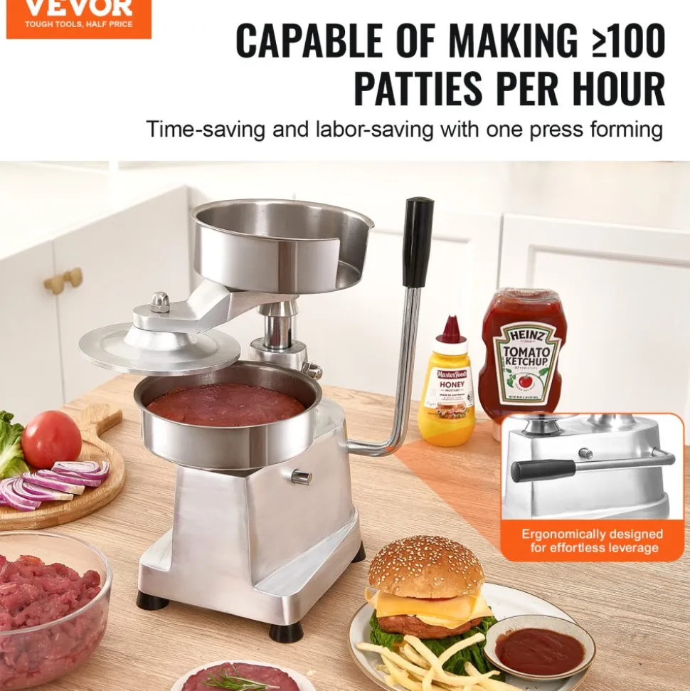 VEVOR Commercial Burger Patty Maker, 150mm/6inch Hamburger Beef Patty Maker, Heavy Duty Food-Grade Stainless Steel Bowl Burger Press Machine, Kitchen Meat Forming Processor with 1000 Pcs Patty Papers