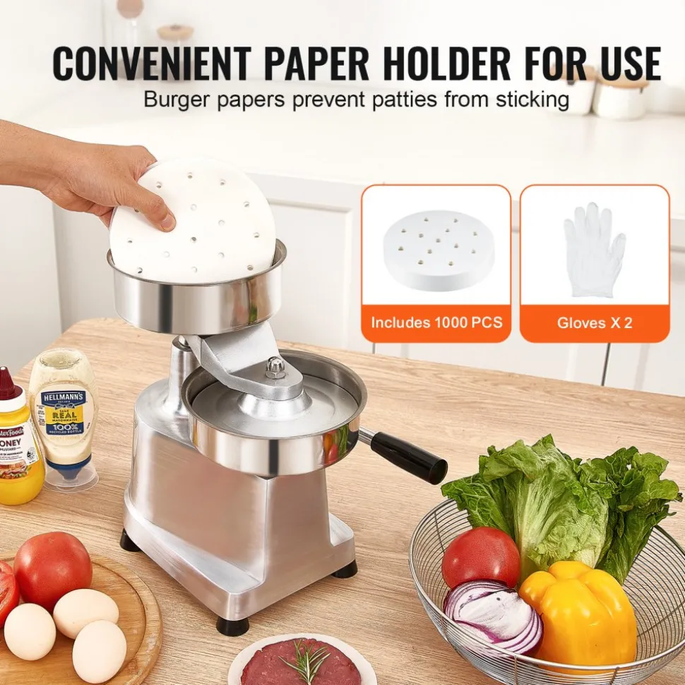 VEVOR Commercial Burger Patty Maker, 150mm/6inch Hamburger Beef Patty Maker, Heavy Duty Food-Grade Stainless Steel Bowl Burger Press Machine, Kitchen Meat Forming Processor with 1000 Pcs Patty Papers
