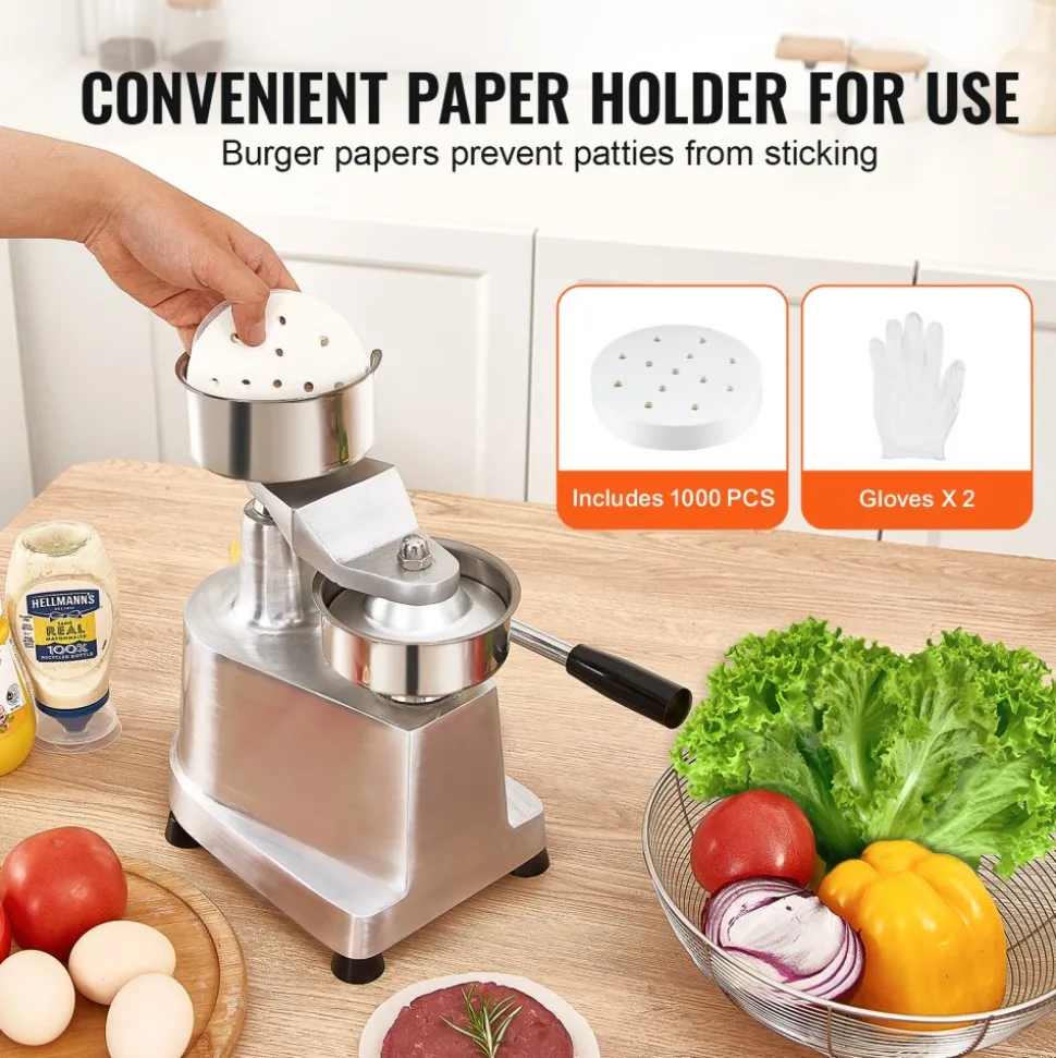VEVOR Commercial Burger Patty Maker, 100mm/4inch Hamburger Beef Patty Maker, Heavy Duty Food-Grade Stainless Steel Bowl Burger Press Machine, Kitchen Meat Forming Processor with 1000 Pcs Patty Papers