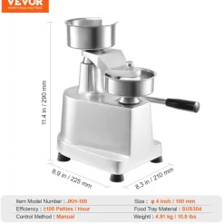 VEVOR Commercial Burger Patty Maker, 100mm/4inch Hamburger Beef Patty Maker, Heavy Duty Food-Grade Stainless Steel Bowl Burger Press Machine, Kitchen Meat Forming Processor with 1000 Pcs Patty Papers