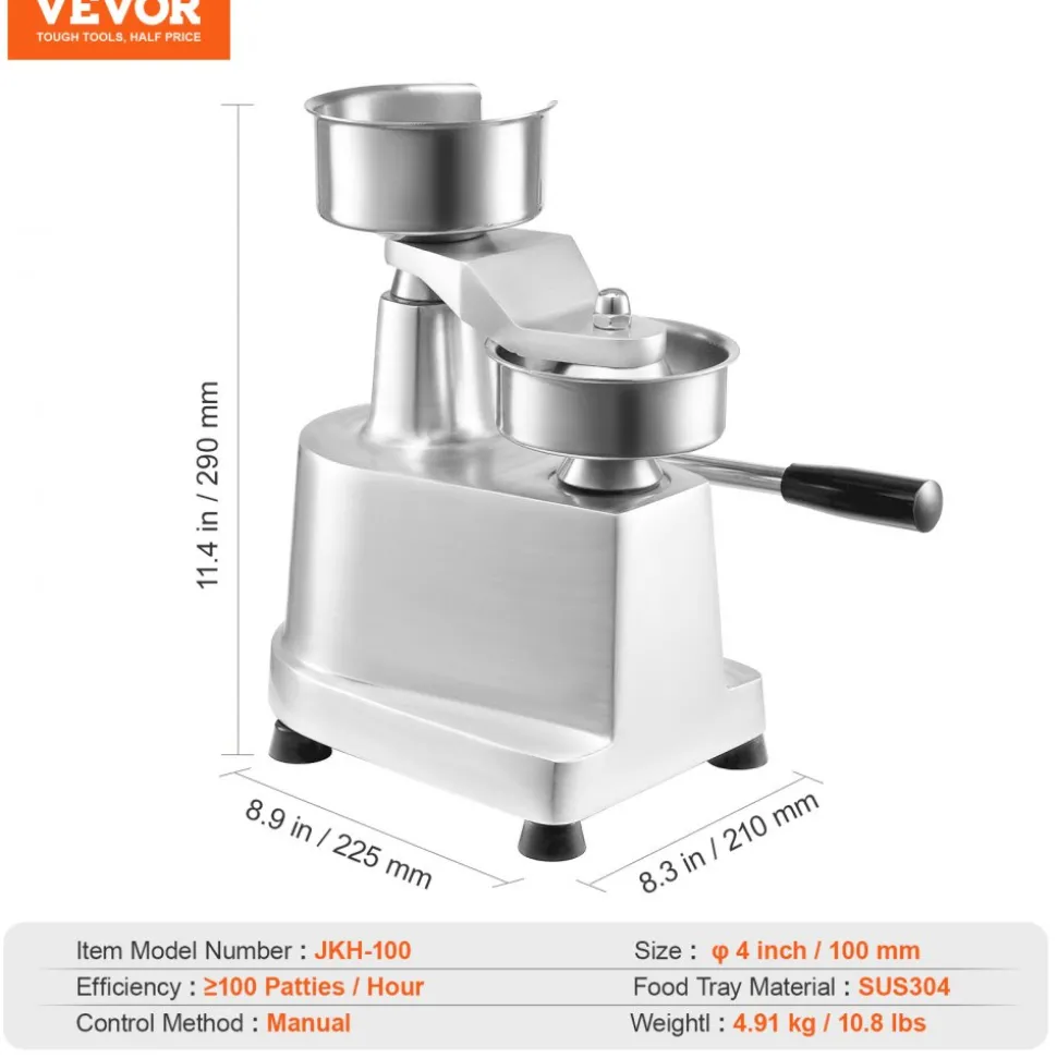 VEVOR Commercial Burger Patty Maker, 100mm/4inch Hamburger Beef Patty Maker, Heavy Duty Food-Grade Stainless Steel Bowl Burger Press Machine, Kitchen Meat Forming Processor with 1000 Pcs Patty Papers