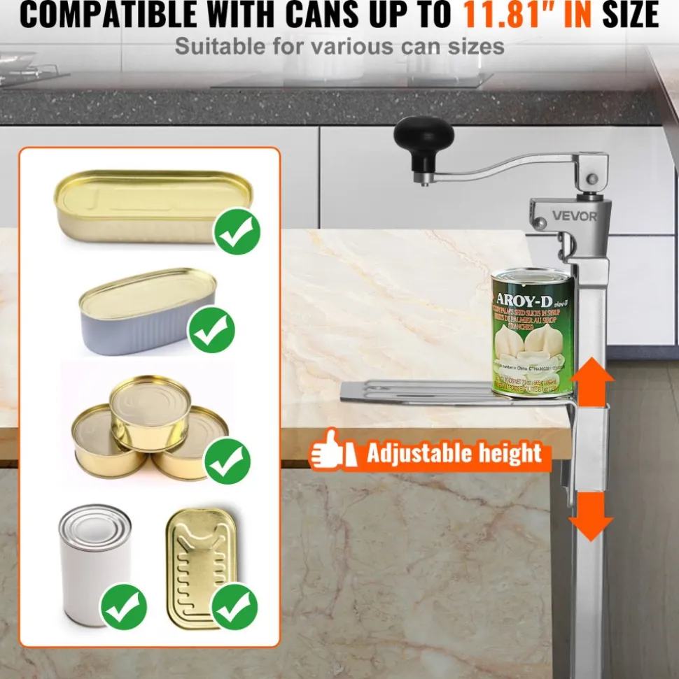 VEVOR Commercial Can Opener, Heavy-Duty Manual Tabletop Cans Opener for Cans Up to 11.8 in Height, Height-Adjustable Professional Can Openers with Stainless Steel Blade, for Restaurant & Food Store