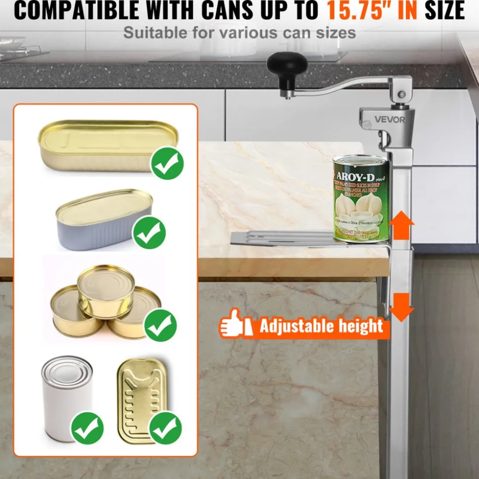 VEVOR Commercial Can Opener, Heavy-Duty Manual Tabletop Cans Opener for Cans Up to 15.75 in Height, Height-Adjustable Professional Can Openers Fixed with Screws, for Restaurant, Hotel, and Food Store