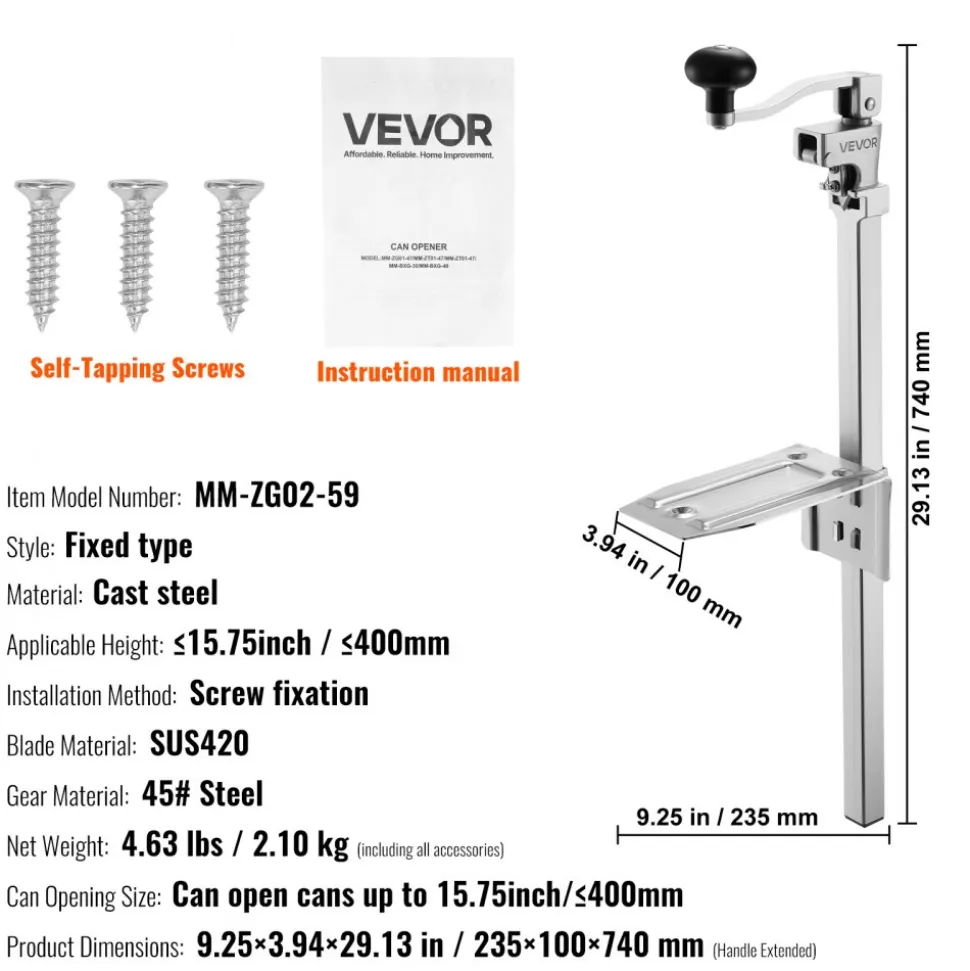 VEVOR Commercial Can Opener, Heavy-Duty Manual Tabletop Cans Opener for Cans Up to 15.75 in Height, Height-Adjustable Professional Can Openers Fixed with Screws, for Restaurant, Hotel, and Food Store