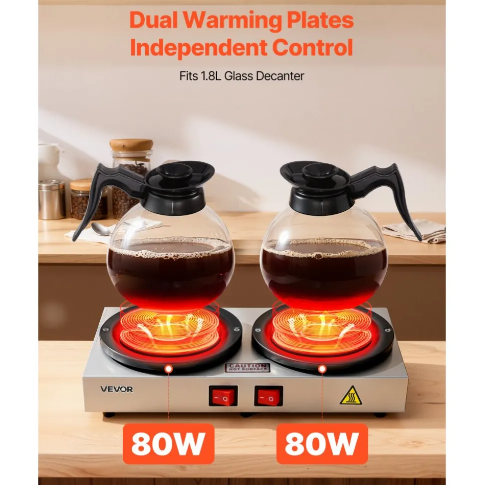 VEVOR Commercial Coffee Decanter Warm Plate, 80W x 2 Coffee-Carafe Warmer, Dual Warming Plates with Independent Control, Fits 1.8L Standard Glass Decanter, for Coffee Shop, Home, Office & Restaurant