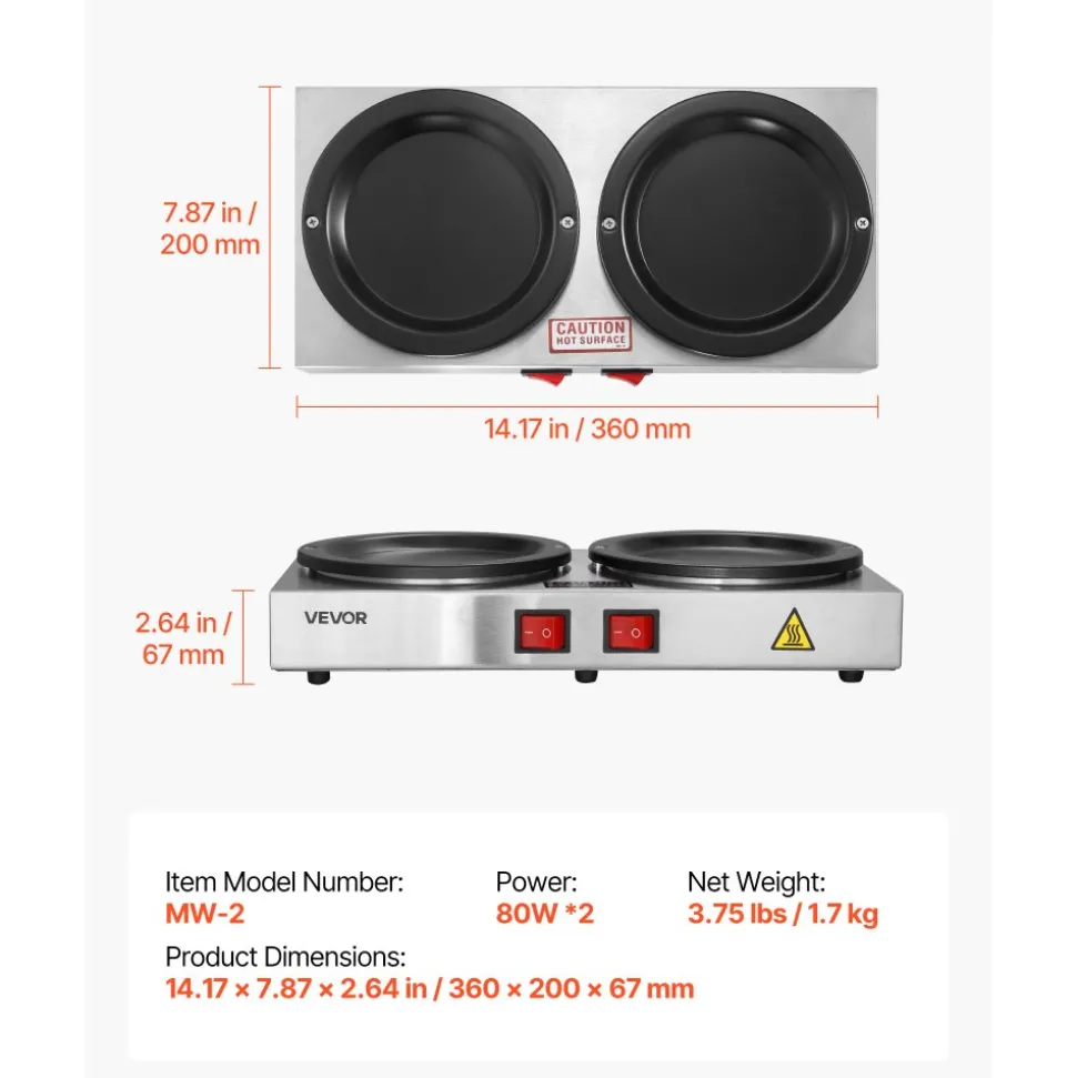 VEVOR Commercial Coffee Decanter Warm Plate, 80W x 2 Coffee-Carafe Warmer, Dual Warming Plates with Independent Control, Fits 1.8L Standard Glass Decanter, for Coffee Shop, Home, Office & Restaurant