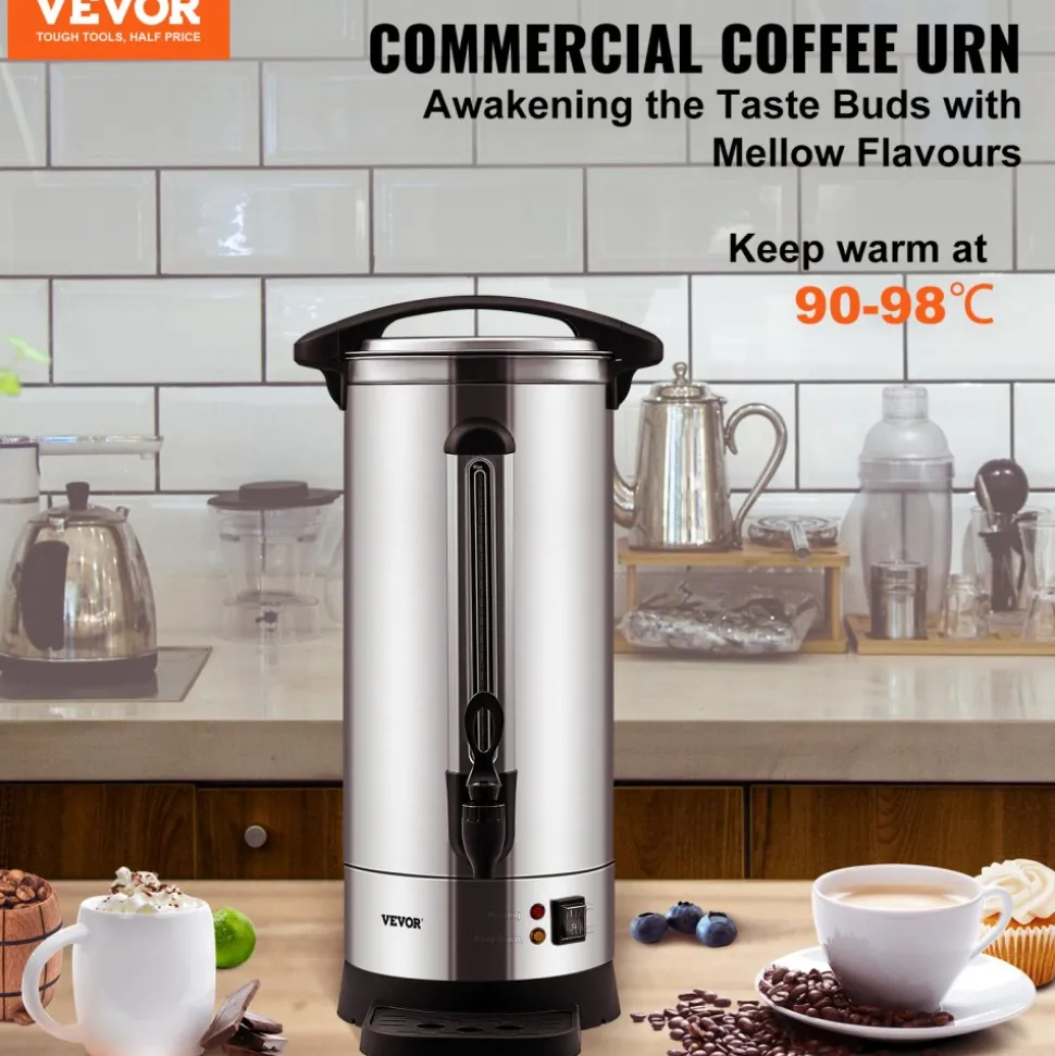VEVOR Commercial Coffee Urn, 110 Cups Stainless Steel Large Coffee Dispenser, 1500W 110V Electric Coffee Maker Urn For Quick Brewing, Hot Water Urn with Detachable Power Cord for Easy Cleaning, Silver