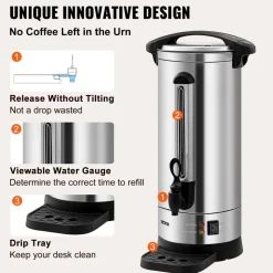 VEVOR Commercial Coffee Urn, 110 Cups Stainless Steel Large Coffee Dispenser, 1500W 110V Electric Coffee Maker Urn For Quick Brewing, Hot Water Urn with Detachable Power Cord for Easy Cleaning, Silver