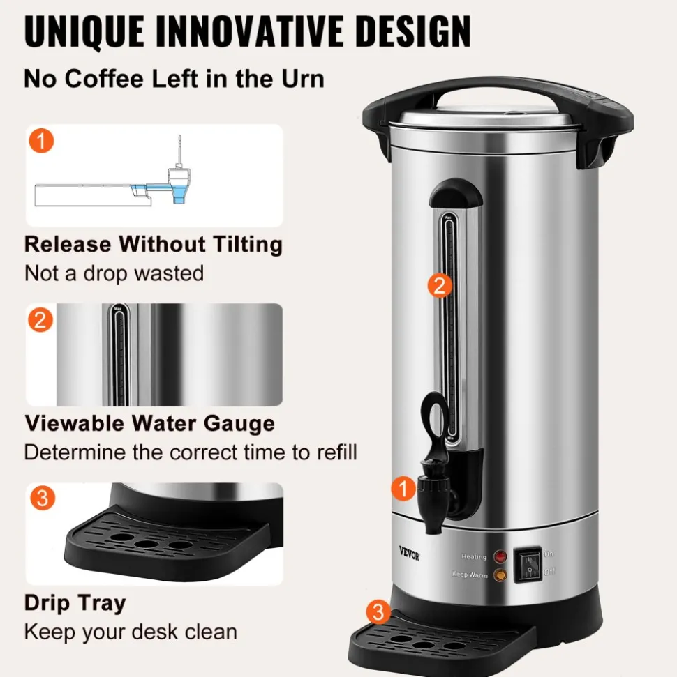 VEVOR Commercial Coffee Urn, 110 Cups Stainless Steel Large Coffee Dispenser, 1500W 110V Electric Coffee Maker Urn For Quick Brewing, Hot Water Urn with Detachable Power Cord for Easy Cleaning, Silver